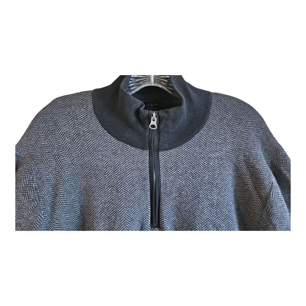 J. CREW Men's M 1/4 Zip Sweater Black Gray Herringbone Mock Neck Long Sleeve 42